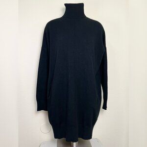Black Longline Cashmere Blend Turtleneck Sweater With Pockets Women's Medium